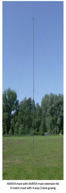 AMX54 mast with AMX54 mast extension kit 9 metre mast with 4-way 2-lane guying